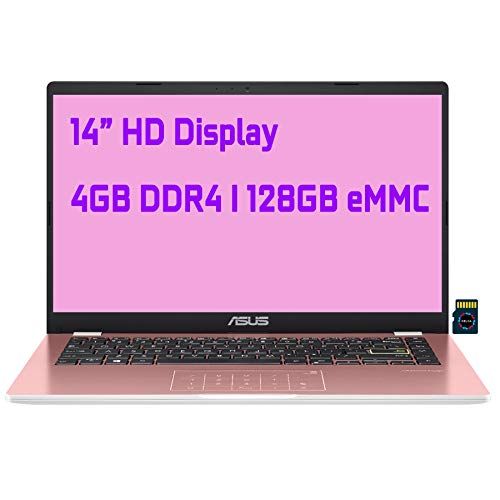 아수스 Asus Vivobook E410 Thin and Light Laptop I 14” HD Display I Intel Celeron N4020 Processor I 4GB DDR4 128GB eMMC I HDMI USB C Wifi5 Win10 (Pink) + 32GB MicroSD Card