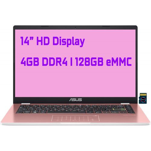 아수스 Asus Vivobook E410 Thin and Light Laptop I 14” HD Display I Intel Celeron N4020 Processor I 4GB DDR4 128GB eMMC I HDMI USB C Wifi5 Win10 (Pink) + 32GB MicroSD Card