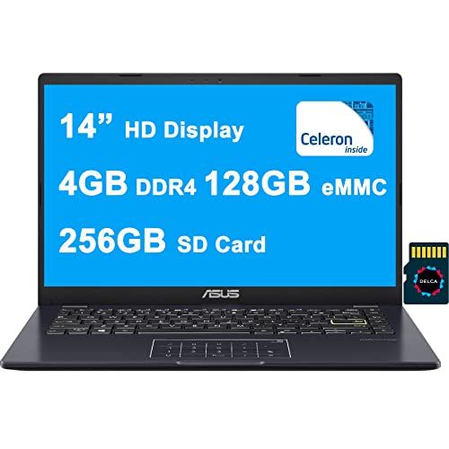 아수스 Asus Vivobook E410 Thin and Light Laptop I 14” HD Display I Intel Celeron N4020 Processor I 4GB DDR4 128GB eMMC + 256GB SD Card I HDMI USB C Wifi5 Win10 (Blue) + 32GB MicroSD Card