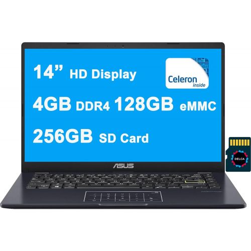 아수스 Asus Vivobook E410 Thin and Light Laptop I 14” HD Display I Intel Celeron N4020 Processor I 4GB DDR4 128GB eMMC + 256GB SD Card I HDMI USB C Wifi5 Win10 (Blue) + 32GB MicroSD Card