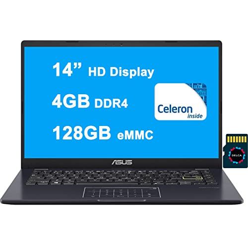 아수스 Asus Vivobook E410 Thin and Light Laptop I 14” HD Display I Intel Celeron N4020 Processor I 4GB DDR4 128GB eMMC I HDMI USB C Wifi5 Win10 (Blue) + 32GB MicroSD Card