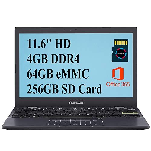 아수스 Asus L210 2021 Premium Thin and Light Laptop Computer I 11.6 HD Display I Intel Celeron N4020 I 4GB DDR4 64GB eMMC 256GB SD Card I USB C HDMI Office 365 Webcam Win 10 + 32GB Micro