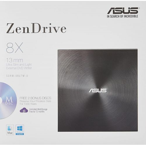 아수스 ASUS ZenDrive Ultra Slim USB 2.0 External 8X DVD Optical Drive +/ RW with M Disc Support for Windows and Mac and Nero BackItUp for Android Devices (SDRW 08U7M U/BLK/G/AS),Black