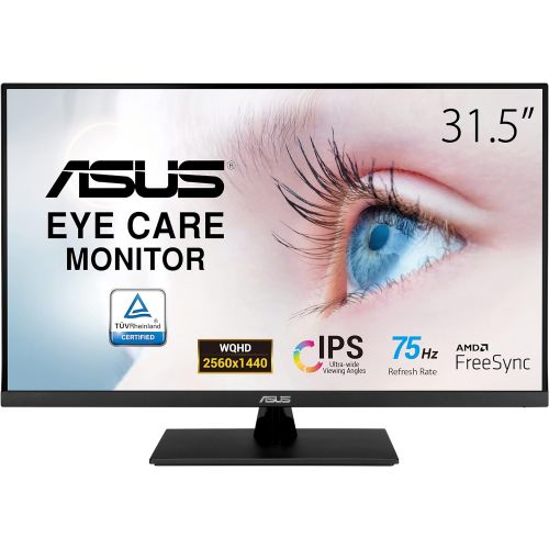 아수스 ASUS 31.5” 2K Monitor (VP32AQ) WQHD (2560 x 1440), IPS, 100% sRGB, HDR10, 75Hz, Speakers, Adaptive Sync/FreeSync, Low Blue Light, Eye Care, VESA Mountable, Frameless, DisplayPort