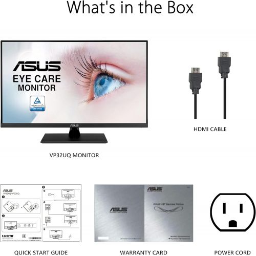 아수스 ASUS 31.5” 4K HDR Monitor (VP32UQ) UHD (3840 x 2160), IPS, 100% sRGB, HDR10, Speakers, Adaptive Sync/FreeSync, Low Blue Light, Eye Care, VESA Mountable, Frameless, DisplayPort, H