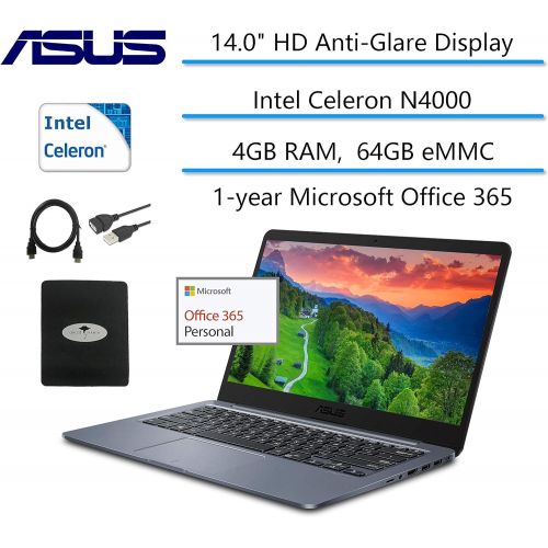 아수스 2021 ASUS 14 HD IPS NanoEdge Thin and Light Laptop for Student, Intel Celeron N4000 up to 2.6GHz, 4GB DDR4, 64GB eMMC, Intel UHD 600, WiFi, Windows10, Office 365 +GM 3in1 Accessori