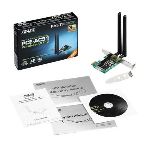 아수스 ASUS AC750 Dual Band PCIe WiFi Adapter (PCE AC51) Compatible with PCIe x1/x16 slot, Detachable Antennas for Flexible Placement, Easy Setup, Supports Window Windows 10/8.1/7, Linu