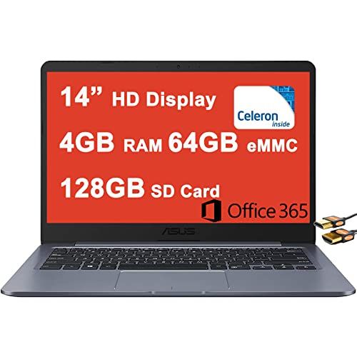아수스 Asus VivoBook E14 Thin and Light Laptop 14” HD Display Intel Celeron N3350 4GB RAM 64GB eMMC + 128GB SD Card Intel HD Graphics 500 USB C HDMI Microsoft 365 Win10 + HDMI Cable