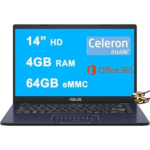 아수스 Asus Flagship Vivobook E410MA Thin and Light Laptop 14” HD Display Intel Celeron N4020 4GB RAM 64GB eMMC Intel HD Graphics 600 USB C HDMI Office 365 Win10 (Star Balck) + HDMI Cable