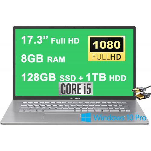 아수스 Asus VivoBook Business Laptop 17.3” Full HD (1920 x 1080) Display Intel Quad Core i5 1035G1 8GB RAM 128GB SSD + 1TB HDD Fingerprint Reader Backlit Keyboard USB C Win10Pro Silver +