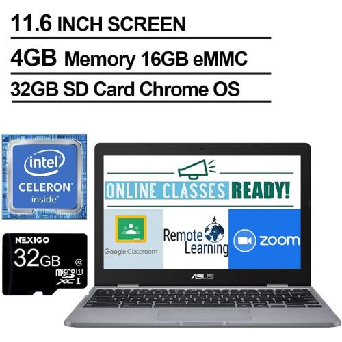 아수스 2021 Newest Asus Chromebook 11.6 Inch Laptop, Intel Celeron N3350 up to 2.4 GHz, 4GB RAM, 16GB eMMC, WiFi, Bluetooth, Webcam, Chrome OS + NexiGo 32GB MicroSD Card Bundle