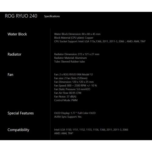 아수스 ASUS ROG Ryuo 240 CPU Cooler with OLED Display and Aura Sync Black