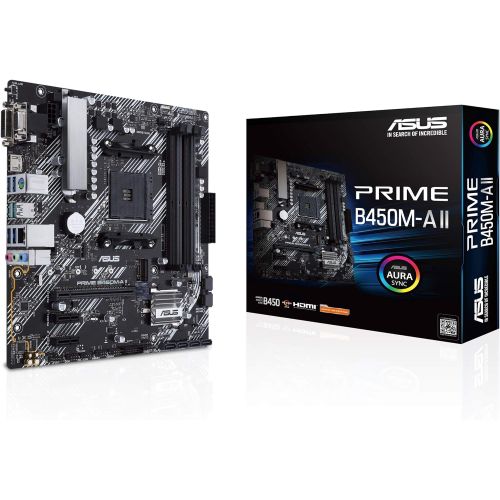 아수스 ASUS Prime B450M A II AMD AM4 (Ryzen 5000, 3rd/2nd/1st Gen Ryzen Micro ATX Motherboard (128GB DDR4, 4400 O.C.), NVMe, HDMI 2.0b/DVI/D Sub, USB 3.2 Gen 2, BIOS Flashback, and Aura S