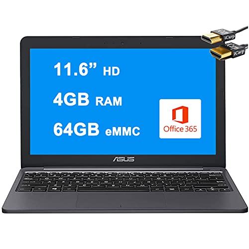 아수스 Asus Flagship VivoBook E12 Light and Thin Laptop 11.6” HD Display Intel Celeron N3350 Processor 4GB RAM 64GB eMMC Intel HD Graphics HDMI USB C Microsoft365 Win10 + HDMI Cable