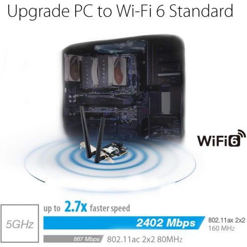 아수스 ASUS PCE AX3000 WiFi 6 (802.11ax) Adapter with 2 External Antennas. Supporting 160MHz for Total Data Rate up to 3000Mbps, Bluetooth 5.0, WPA3 Network Security, OFDMA and MU MIMO