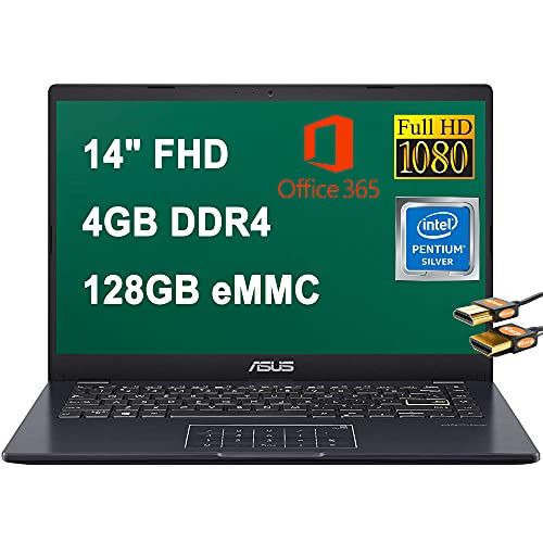 아수스 ASUS Flagship Vivobook E410 Laptop Computer 14 FHD Display Intel Quad Core Pentium Silver N5030 4GB DDR4 128GB eMMC Office 365 Intel UHD Graphics 605 HDMI Backlit Win 10 + HDMI Cab