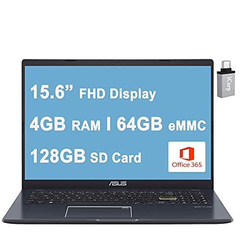 아수스 2021 Flagship Asus Vivobook L510 Ultra Thin Business Laptop 15.6” FHD Intel Celeron N4020 4GB RAM 64GB eMMC + 128GB SD Card Backlit Fingerprint USB C HDMI Office 365 Win10 + USB C