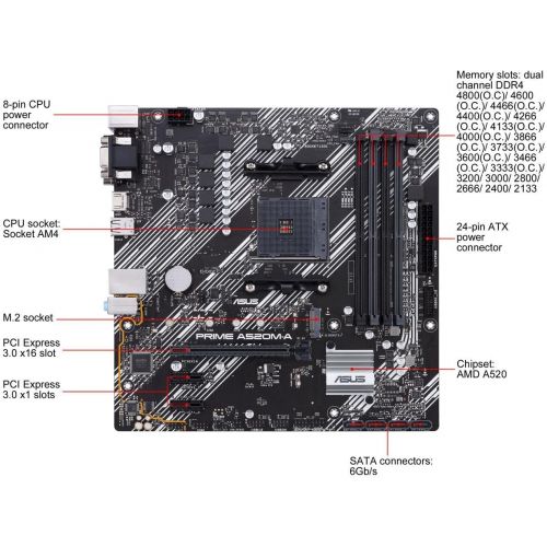 아수스 Asus Prime A520M A/CSM Desktop Motherboard AMD Chipset Socket AM4 Micro ATX