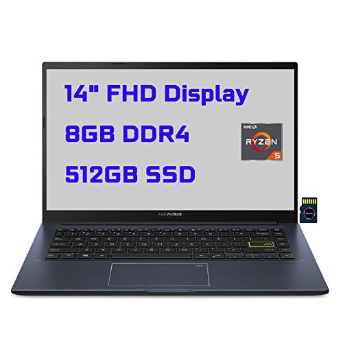 아수스 2021 Asus VivoBook 14 Premium Thin and Light Laptop I 14” FHD Display I AMD 4 Core Ryzen 5 3500U I 8GB DDR4 512GB SSD I Backlit Fingerprint USB C HDMI Wifi6 Harman Win10 + 32GB Mic