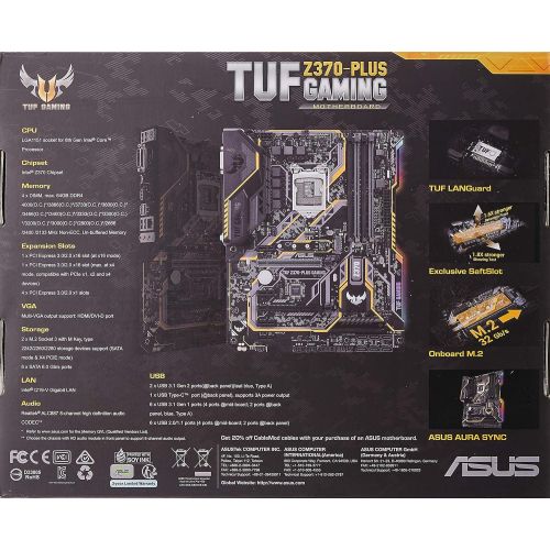 아수스 ASUS TUF Z370 PLUS Gaming LGA1151 (Intel 8th Gen) DDR4 HDMI DVI M.2 Z370 ATX Motherboard with Gigabit LAN and USB 3.1