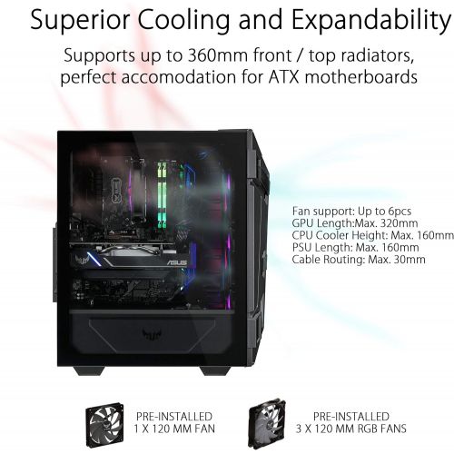 아수스 ASUS TUF Gaming GT301 ATX Mid Tower Compact Case with Tempered Glass Side Panel, Black