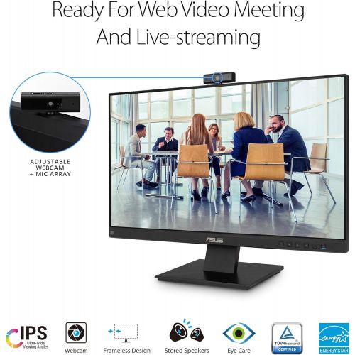 아수스 ASUS BE24EQK 23.8” Business Monitor with Webcam, 1080P Full HD IPS, Eye Care, DisplayPort HDMI, Frameless, Built in Adjustable 2MP Webcam, Mic Array, Stereo Speaker, Video Conferen