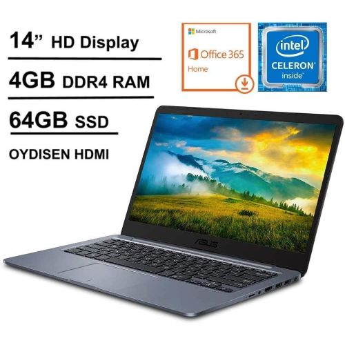 아수스 2021 Newest ASUS Laptop L406 Thin and Light Laptop, 14” HD Display, Intel Celeron N4000 Processor, 4GB RAM, 64GB eMMC Storage, Webcam, HDMI, Windows 10, Microsoft 365 + Oydisen Clo