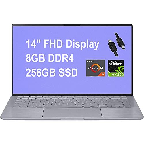 아수스 Newest 2020 Asus Zenbook 14 Laptop?Computer 14 FHD WLED AMD Hexa Core Ryzen 5 4500U (Beats i7 8550U) 8GB DDR4 256GB SSD NVIDIA GeForce MX350 Backlit?KB Alexa Win10 + HDMI Cable