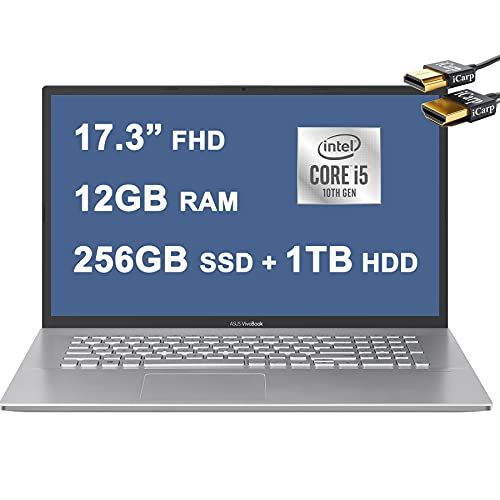 아수스 Asus Flagship VivoBook Business Laptop 17.3” FHD Display 10th Gen Intel Quad Core i5 1035G1 (Beat i7 7500U) 12GB RAM 256GB SSD + 1TB HDD Fingerprint Backlit USB C Win10 + HDMI Cabl