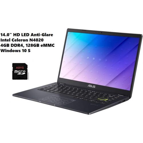 아수스 ASUS E410 14.0 HD (1366x768) LED Anti Glare Laptop, Intel Celeron N4020, 4GB DDR4, 128GB eMMC, WiFi, HDMI, NumberPad, Media Card Reader, USB Type C, Windows 10 S, Blue, 64GB ABYS M