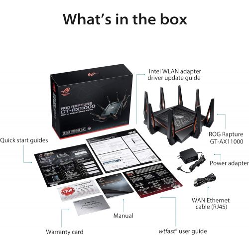 아수스 ASUS ROG Rapture GT AX11000 IEEE 802.11ax Ethernet Wireless Router 2.40 GHz ISM Band 5 GHz UNII Band 11000 Mbit/s Wireless Speed 5 x Network Port 1 x Broadband Port USB 2.