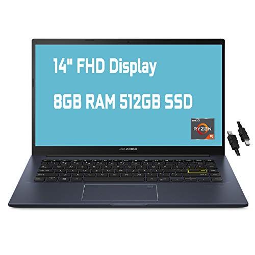 아수스 2021 Flagship Asus VivoBook 14 Thin and Light Laptop 14” FHD Display AMD 4 Core Ryzen 5 3500U 8GB RAM 512GB SSD Backlit Keyboard Fingerprint USB C HDMI Harman Win10 + HDMI Cable