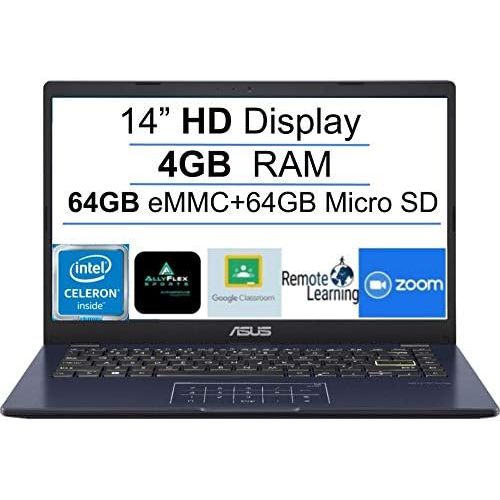 아수스 2021 Newest ASUS E410 14 Thin and Light Laptop Computer, Intel Celeron N4020 (up to 2.8GHz), 4GB RAM, 128GB Space(64GB eMMC+64GB MSD), WiFi, Bluetooth, HDMI, Webcam, Black, Windows