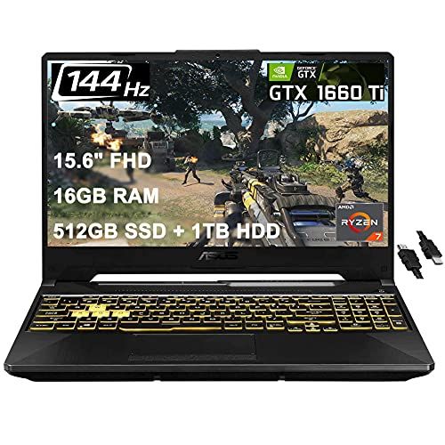 아수스 Asus 2021 Flagship Tuf A15 Gaming Laptop 15.6 FHD 144Hz AMD Octa Core Ryzen 7 4800H (Beats i7 9750H) 16GB DDR4 512GB SSD 1TB HDD GTX 1660 Ti 6GB RGB Backlit Keyboard DTS Win 10 + H