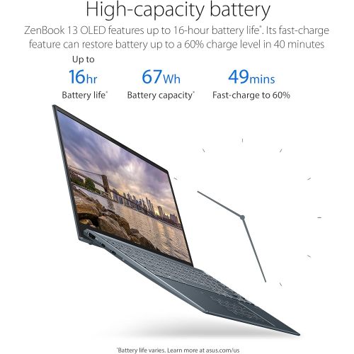 아수스 ASUS ZenBook 13 OLED Ultra Slim Laptop, 13.3” OLED FHD NanoEdge Bezel Display, AMD Ryzen 7 5700U, 8GB LPDDR4X RAM, 512GB PCIe SSD, NumberPad, Wi Fi 5, Windows 10 Home, Pine Grey, U