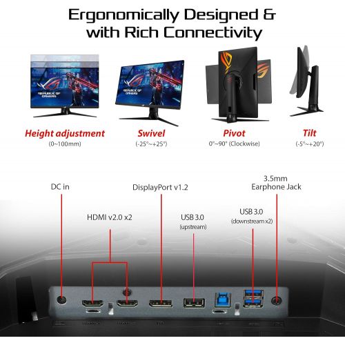 아수스 ASUS ROG Strix 27” 1440P HDR Gaming Monitor (XG27AQ) QHD (2560 x 1440), Fast IPS, 170Hz, 1ms, G SYNC Compatible, Extreme Low Motion Blur Sync, Eye Care, HDMI DisplayPort USB 3.0