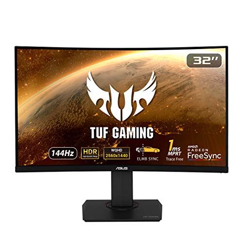 아수스 ASUS TUF Gaming 32 1440P HDR Curved Monitor (VG32VQ) QHD (2560 x 1440), 144Hz, 1ms, Extreme Low Motion Blur, Speaker, Adaptive Sync, FreeSync Premium, VESA Mountable, DisplayPort