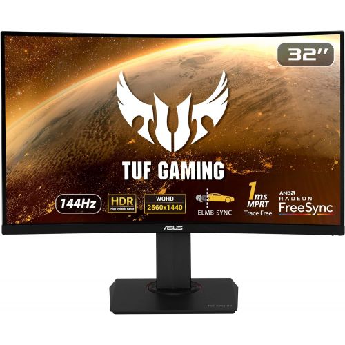 아수스 ASUS TUF Gaming 32 1440P HDR Curved Monitor (VG32VQ) QHD (2560 x 1440), 144Hz, 1ms, Extreme Low Motion Blur, Speaker, Adaptive Sync, FreeSync Premium, VESA Mountable, DisplayPort