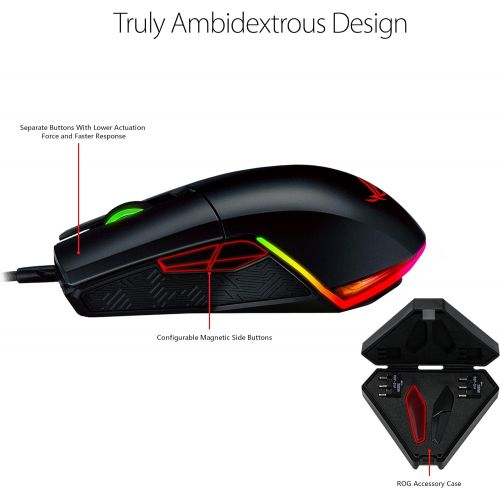 아수스 ASUS Optical Gaming Mouse - ROG Pugio Ergonomic & Truly Ambidextrous PC Gaming Mouse Configurable & Swappable Side Buttons 7200 DPI Optical Sensor Aura Sync RGB, ROG Armoury II