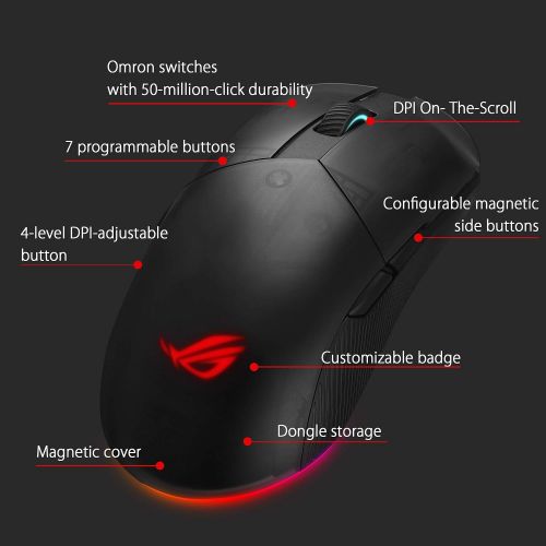 아수스 ASUS Optical Gaming Mouse - ROG Pugio II Ergonomic & Truly Ambidextrous PC Gaming Mouse Configurable & Swappable Side Buttons 16,00 DPI Optical Sensor Aura Sync RGB Tactile Mice