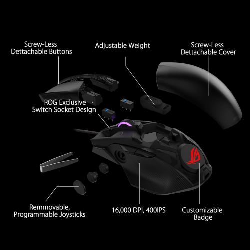 아수스 ASUS Optical Gaming Mouse - ROG Chakram Core Wired Gaming Mouse Programmable Joystick, 16000 dpi Sensor, Push-fit Switch Sockets Design, Adjustable Mice Weight, Stealth Button, RGB