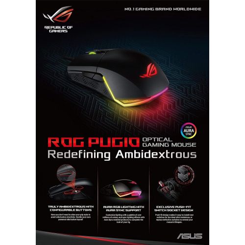 아수스 ASUS Optical Gaming Mouse - ROG Pugio Ergonomic & Truly Ambidextrous PC Gaming Mouse Configurable & Swappable Side Buttons 7200 DPI Optical Sensor Aura Sync RGB, ROG Armoury II