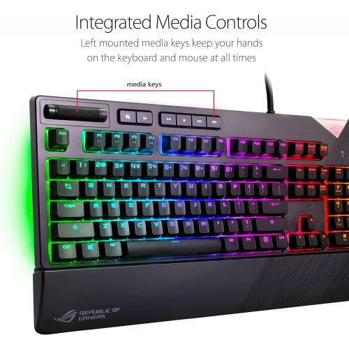 아수스 ASUS RGB Mechanical Gaming Keyboard - ROG Strix Flare (Cherry MX Blue Switches - cm SS) | Aura Sync & SDK | Gaming Keyboard for PC | Customizable Badge, USB Pass-Through | Media Co