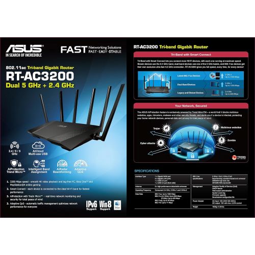아수스 Asus ASUS RT-AC3200 Tri-Band AC3200 Wireless Gigabit Router AiProtection