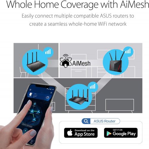 아수스 Asus ASUS Dual-Band WiFi Mesh Router (AC1750) with 1GHz CPU Technology for speeds up to 1750Mpbs with AiProtection Network Security, Parental Control and Supports AiMesh (RT-AC66U B1)