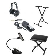 ASavings Keyboard Accessory Kit - Mighty Bright HammerHead LED Music Book Light, On Stage Piano Style Sustain Pedal, Single X-Style Keyboard Stand, X-Style Portable Keyboard Bench & JVC HAR