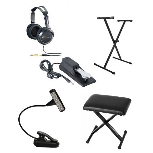  ASavings Keyboard Accessory Kit - Mighty Bright HammerHead LED Music Book Light, On Stage Piano Style Sustain Pedal, Single X-Style Keyboard Stand, X-Style Portable Keyboard Bench & JVC HAR