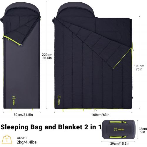  ATEPA 3 Season Sleeping Bag, Lightweight Detachable Blanket Sleeping Bag, 3-in-1 Adjustable Temperature Multipurpose Oversize Single/Double Sleeping Bag for Adult, Camping, Backpac