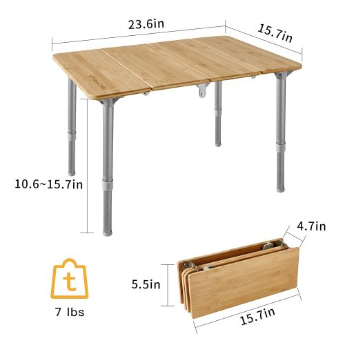  ATEPA KingCamp Folding Table Bamboo Top Aluminum Frame Quarter Fold Detachable Legs Height Adjustable Portable for Camping Picnic Outdoor with Carry Bag