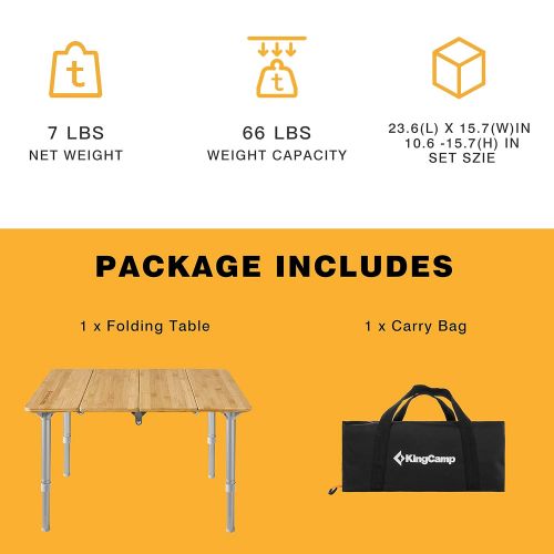  ATEPA KingCamp Folding Table Bamboo Top Aluminum Frame Quarter Fold Detachable Legs Height Adjustable Portable for Camping Picnic Outdoor with Carry Bag
